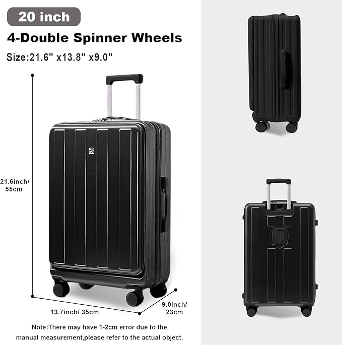 Gets Carry on Luggage Airline Approved,20 Inch Abs+Pc Hardshell Spinner Luggage With Cup Phone Holder and USB Charger,Front Pocket Durable Suitcase for Women Men-Black