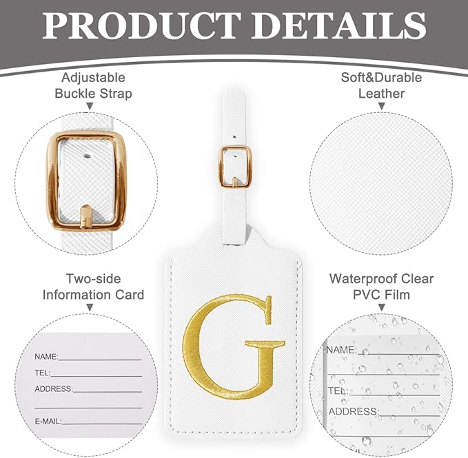 Personalized Initial Luggage Tags for Suitcases,Leather Letter Cute Luggage Tags with Privacy Name Card,Embroidered Monogrammed Travel Bag Backpack Tag Gifts for Women Kids Girls Teens(White-G)