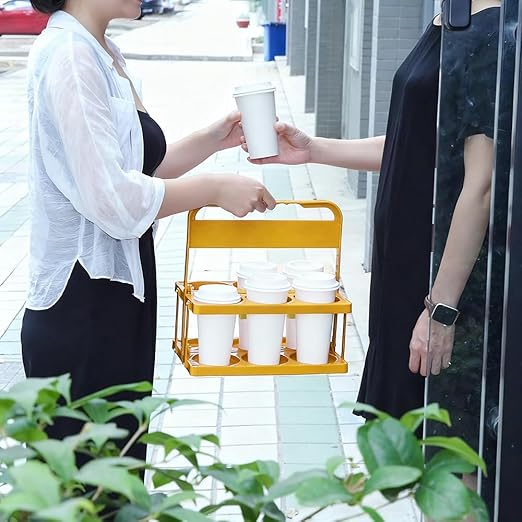 Bodaon 6 Cup Drink Carrier with Handle, Plastic Cup Holders for Take Out Delivery Drivers, Reusable Foldable Car Drink Caddy, Leakproof Food Delivery Accessories, 360° Secure Grip, Yellow