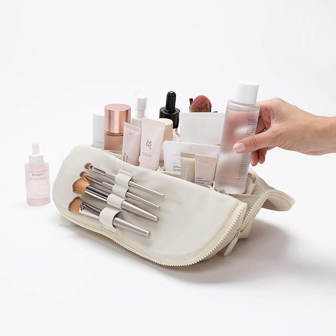 THE VERTI-Vertical Waterproof Makeup & Toiletry Bag | 23-Pocket Organizer with Upright, Fold-Down Design for Skincare, Toiletries & Essentials (Shell)