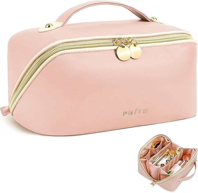 Prite Makeup Bag for Women Travel Waterproof Vegan Leather Cosmetic Bag Open Flat Toiletry Bag With Clear Divider and Handle (Large Pink Pro)