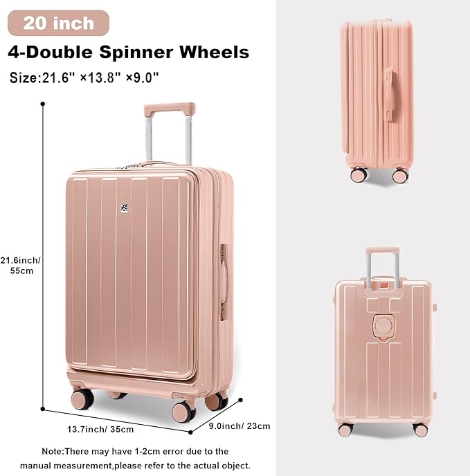 Gets Carry on Luggage Airline Approved,20 Inch Abs+Pc Hardshell Spinner Luggage With Cup Phone Holder and USB Charger,Front Pocket Durable Suitcase for Women Men-Pink