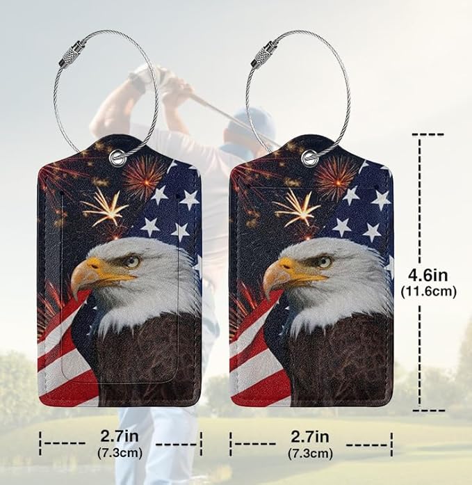 2 Pack Luggage Tags Travel American Flag Eagle PU Cute Leather Luggage Tag Name ID Labels with Privacy Cover Suitcases Women Men Girls Boys Fun Laggage Tags (American Eagle Flag)