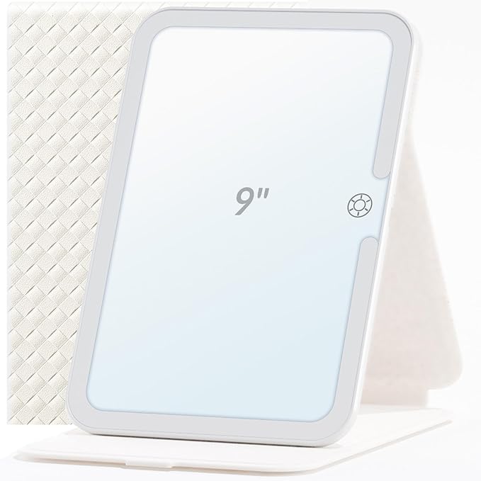 Travel Makeup Mirror with Lights, Lighted Vanity Mirror, 9", Woven White