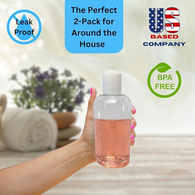 Plastic Squeeze Bottles with Disc Cap, 8 oz/2-Pack, Travel Size, Refillable, BPA-Free, Leak Proof, for Cosmetics, Shampoo, Lotion, Body Soap, Essential Oils, Household Use, and Personal Care