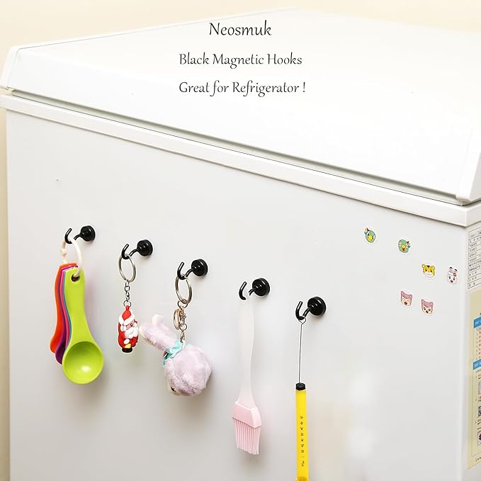 Neosmuk Black Magnetic Hooks, 30lb+ Heavy Duty Earth Magnets with Hook for Refrigerator, Extra Strong Cruise Hook for Hanging, Magnetic Hanger for Curtain, Grill (Black, Pack of 6)