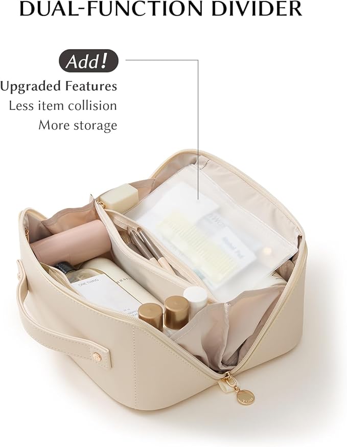 EACHY Travel Makeup Bag, Large Capacity Cosmetic Bag for Women, Waterproof PU Leather, Flat Open Portable Toiletry Bag for Skincare, Brushes & Travel Essentials