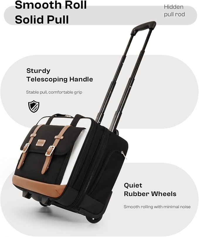 Rolling Laptop Bag for Men and Women, 16 Inch Computer Bag with Wheels Underseat Carry on Luggage, Laptop Briefcase Case for Work, Travel, College Teacher, Mobile Office Bag, Black Beige Brown