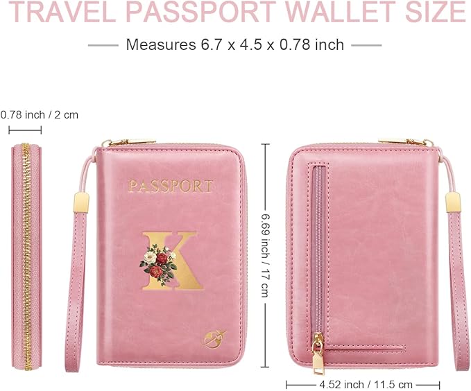 Passport Holder for Travel Personalized Passport Holder Initial Letter Rose Flower RFID Blocking Travel Wallets Credit Cards Holder for Women Men, Pink K