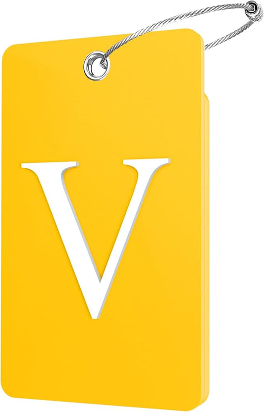 Gostwo 2 Pack Luggage Tags for Suitcases, 26 Initial Letter Travel Luggage Baggage Identification Labels ID Tag Fully Bendable Tags with Stainless Steel Loop (Yellow) (Letter V)