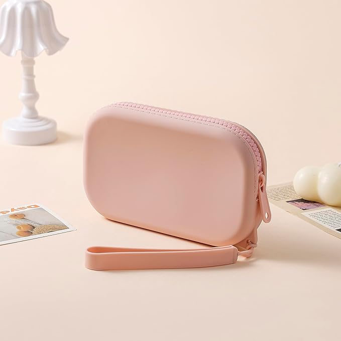 Small Silicone Multifunctional Essential Bag Portable Travel Makeup Bag for Women Men Cards Cash Bag Zipper Pouch (Light Pink)