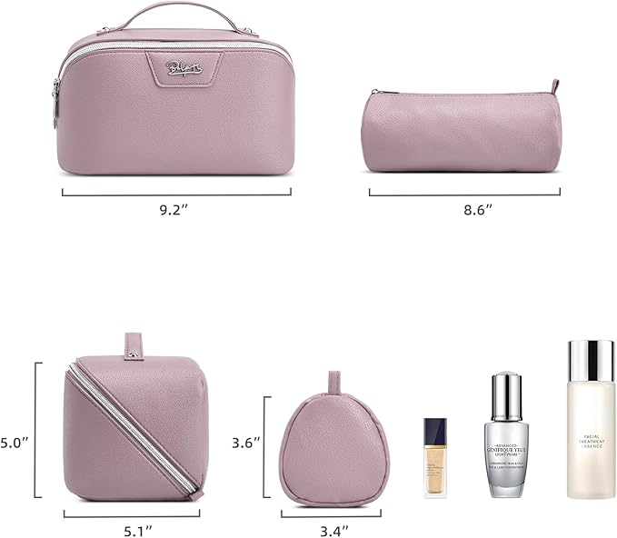 BOYATU Travel Makeup Bag Cosmetic Bags for Women: Large Capacity 3 Pcs Set Make up Bag with Compartments - Waterproof Vegan Leather Toiletry Organizer Bags with Handle (L28Purple)