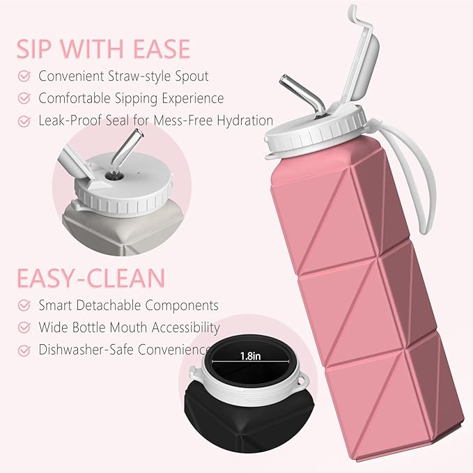 Collapsible Water Bottles with Straw 20.6oz, Silicone Foldable Portable Water Bottle, BPA-Free, Leakproof Reusable for Travel Camping Hiking Cycling Yoga Sports, 1 Pack (Pink)