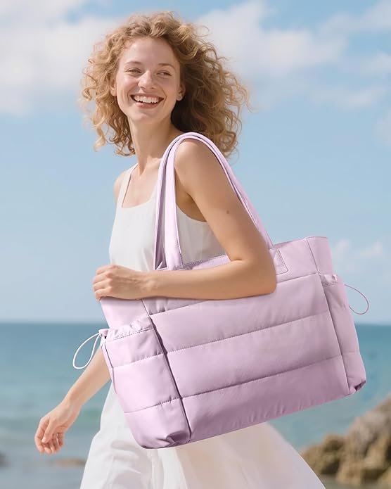 LOVEVOOK Tote Bag for Women with Giant Tumbler Holder Pocket, Puffer Work Travel Laptop Handbag with Zipper for Nurse Teacher