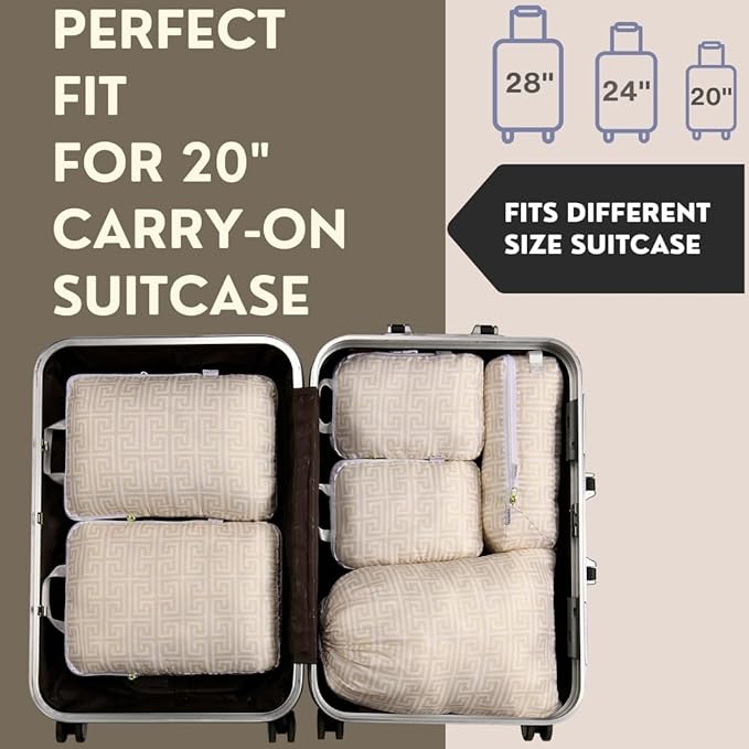 Compression Packing Cubes for Travel 6PC Set - Suitcase Organizer & Space Saver Bags for Carry On Luggage with Drawstring Backpack Beige Boho