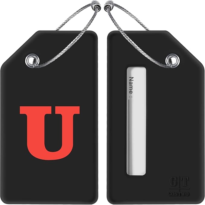 Gostwo 2 Pack Silicone Luggage Tags for Suitcases, 26 Initial Letter Baggage Labels Handbag School Bag Suitcase Instrument Tag with Stainless Steel Loop(Black)(Letter U)