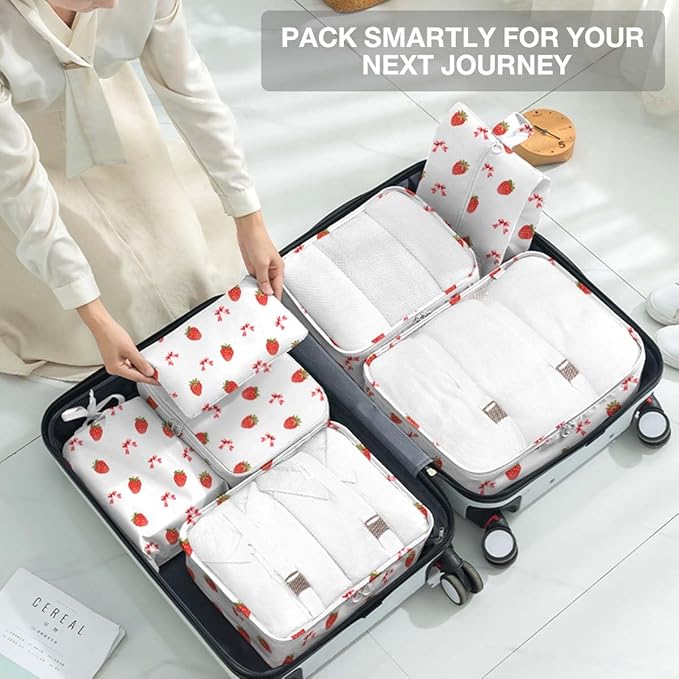 8 Set Packing Cubes for Suitcases,Packing Cube with Shoe, Cosmetics, Clothing, and Accessories Bags Packing Cubes for Travel Luggage Organizer Women Men(Strawberry Bows)