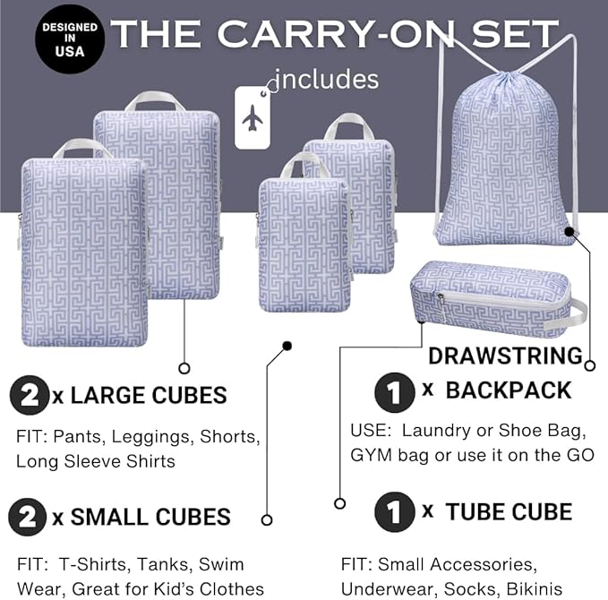 Compression Packing Cubes for Travel 6pc Set with Laundry Bag/Backpack-Luggage Organizers for Suitcase-Lightweight Compressible - Light Blue Boho