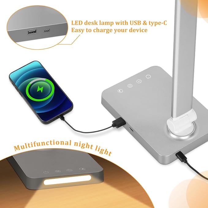 Dott Arts LED Desk Lamp with USB Ports,Touch Desk Lamps for Home Office with 5 Color Modes,3 Brightness Desk Light with Small Night Light,Reading Lamp Table LED Lamp for Bedroom Bedsid Study Sliver | 3 Brightness Desk Light with Small Night Light,Readi...