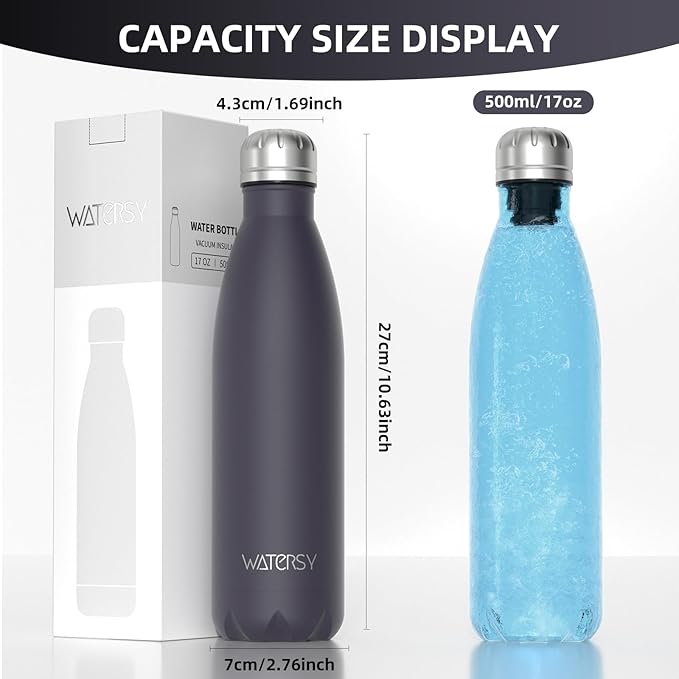 WATERSY Stainless Steel water bottles,17oz/500ml Insulated Water Bottles,Dark Purple metal water bottle Keeps Drink Cold and Hot,BPA Free kids water bottles for School,Gym,Travel,Sports