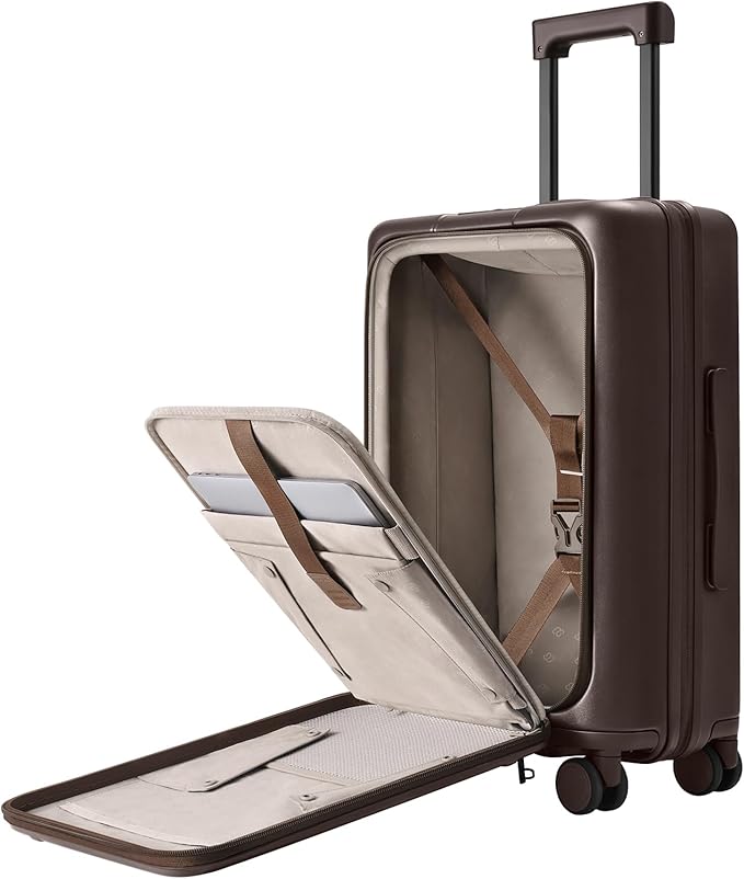 NINETYGO Carry On Luggage 22x14x9 Airline Approved, Top Opening 20 Inch Suitcase with Front Compartment, Expandable, Coffee-Infused PC Shell, Eco-Friendly, Cup Holder, TSA, Spinner Wheels (Americano)