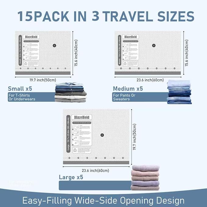 15 Pack Travel Vacuum Storage Bags with Rechargeable Electric Pump, Compression Packing Seal Bag for Luggage and Suitcase, 5 Small + 5 Medium + 5 Large Space Saver Bags for Clothing Travel