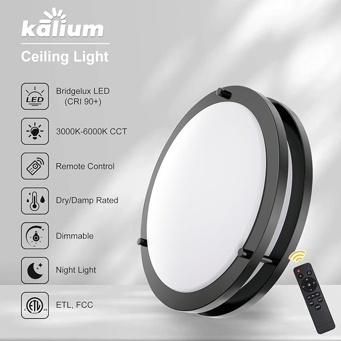 LED Ceiling Light with Remote 10 Inch Flush Mount Ceiling Light Fixture, 18W 3000K-6000K Adjustable Color Temperature, Dimmable Lighting Fixtures for Kitchen Bedroom. Hardwired
