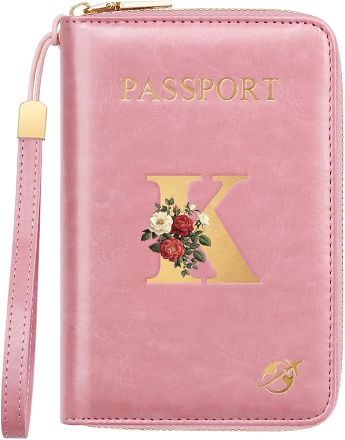Passport Holder for Travel Personalized Passport Holder Initial Letter Rose Flower RFID Blocking Travel Wallets Credit Cards Holder for Women Men, Pink K