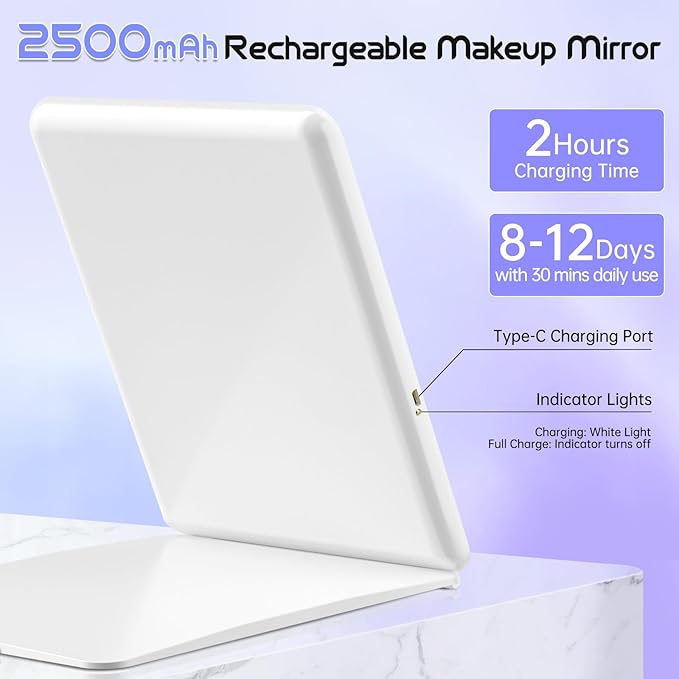 FUNTOUCH Rechargeable Large Travel Makeup Mirror with Lights, 2500mAh 10x7.5 Portable Lighted Makeup Mirror with 3 Color Lights, Dimming Folding Light Up Travel Mirrors with 10X Magnifying Mirror
