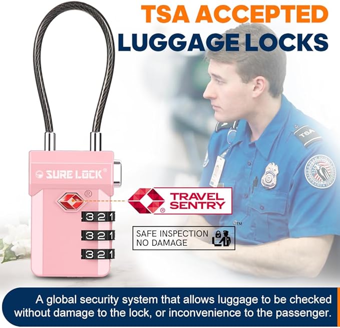 SURE LOCK TSA Approved Luggage Locks – 3-Digit Combination Cable Lock with Red Indicator, Large Dial & Easy-Press Button for Suitcases and Backpacks – Multi-Pack & Color Options