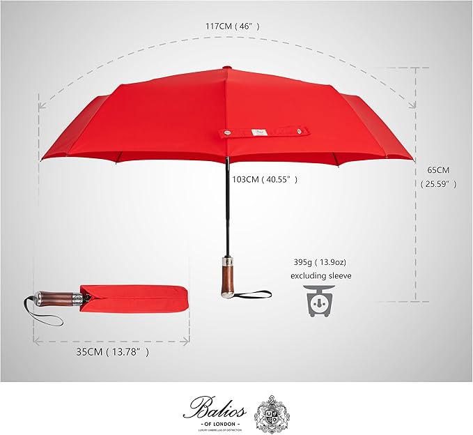 Balios (Designed in UK) Travel Umbrella Luxurious Golden Hardwood Handle Auto Open & Close Windproof Frame Single Canopy Automatic Folding Umbrella Men's & Ladies