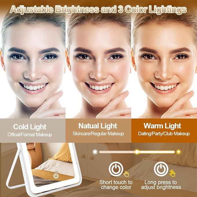 YEKKOPT Rechargeable Vanity Mirror with Lights,10"×7.8" Arched LED Makeup Mirror with Lights, Smart Touch Control Dimmable 3 Modes Light up Mirror for Dorm Desk Dressing Room,Gift for Women