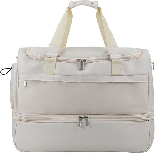 Carry On Travel Duffel Bag for Women & Men,Overnight Weekender Bag with Shoe Compartment,Trolley Sleeve and Adjustable Shoulder Strap,Business & Weekend Travel,Gym,Sports,Yoga & Dance(Ivory)