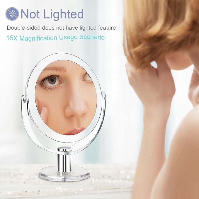 CLSEVXY Vanity Makeup Mirror with Stand, 1X/15X Magnification Double Sided 360 Degree Swivel, Portable Table Desk Counter top Magnifying Mirror, Tabletop Mirror for Bedroom or Dorm Room, 6.25 Inch