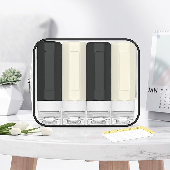 Redfly Travel Bottles for Toiletries, Tsa Approved 3oz Travel Size Containers, Leak Proof Travel Size Toiletries Bottles Silicone, BPA Free Refillable Essentials for Shampoo Conditioners, Black&White
