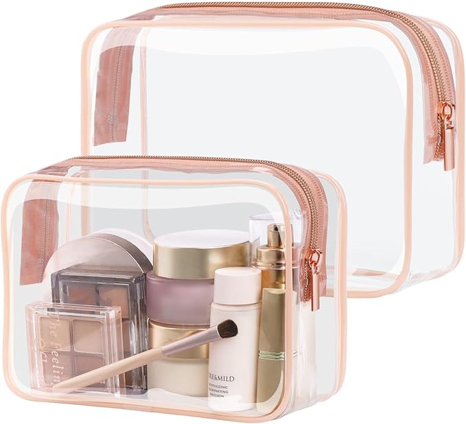 PACKISM TSA Approved Toiletry Bag 2 Pack - 1 Medium TSA Quart Carry-On & 1 Large for Checked Luggage, Water-resistant Clear Makeup Bag Clear Travel Bags for Toiletries, Rose Pink