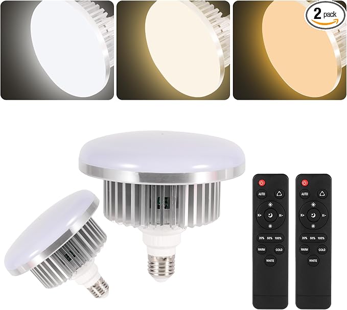 175W Photography Light Bulb Dimmable Tricolor LED Bulbs 3000-6700K Color Softbox Bulb in E27 Socket for Photography Photo Video Studio Lighting White Warm Cold 2 Pack