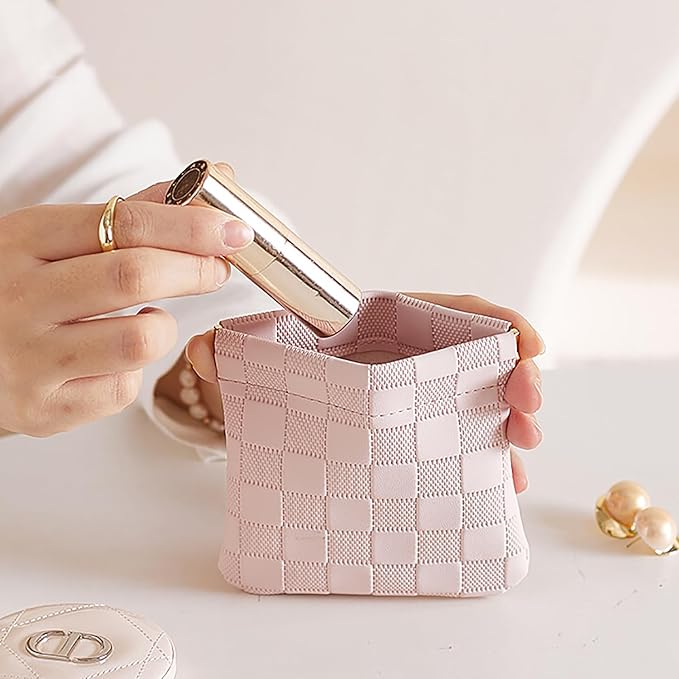 Leather Pocket Cosmetic Bag for Purse,Coin Purse Lipstick Cosmetic Accessories Organizer, Travel Kit Storage Pouch,Waterproof Portable No Zipper Self-closing (pink/Small)