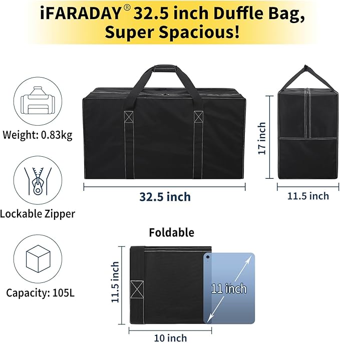 105L Extra Large Travel Duffle Bag - Lightweight Foldable Heavy Duty Luggage for Camping, Moving, Gym & Sports - Water Resistant Duffel Bag (Black)