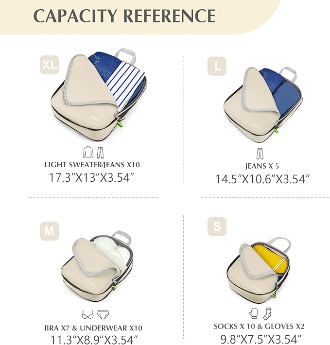 Gonex Compression Packing Cubes, 4pcs Expandable Storage Travel Luggage Bags Organizers (Cream)