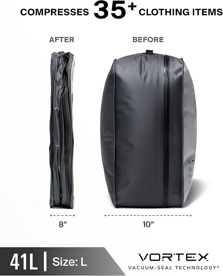 Black Voyage Reusable Vacuum Compression Travel Bag for Carry-On Suitcase and Backpack, Recycled IP67 Waterproof Space Saver Vacpack (1-Pack, 41L - No Pump)