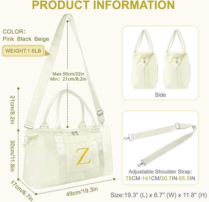 Personalized Initial Gym Dance Bag, Travel Duffel Bag for Teen Girls, Carry On Bag Overnight Weekender Bag with Trolley Sleeve, Birthday Gifts for Women Mom Daughter Graduation Gift(Letter Z, Beige)