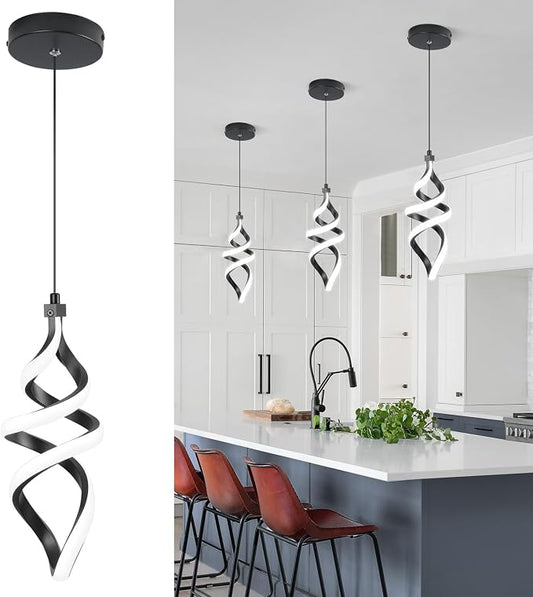 Modern Led Pendant Light Fixture, 15W Black Spiral Led Chandelier Hanging Lamp, 4500K Daylight White Pendant Lamp, Adjustable Height Pendant Light for Kitchen Dining Room Bedroom Kitchen Island Cafe