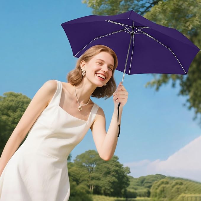 Lejorain Travel Mini Umbrella for Purse - Black Compact Durable Cool Teflon Light Weight Flat Backpacking Umbrella Portable Paraguas