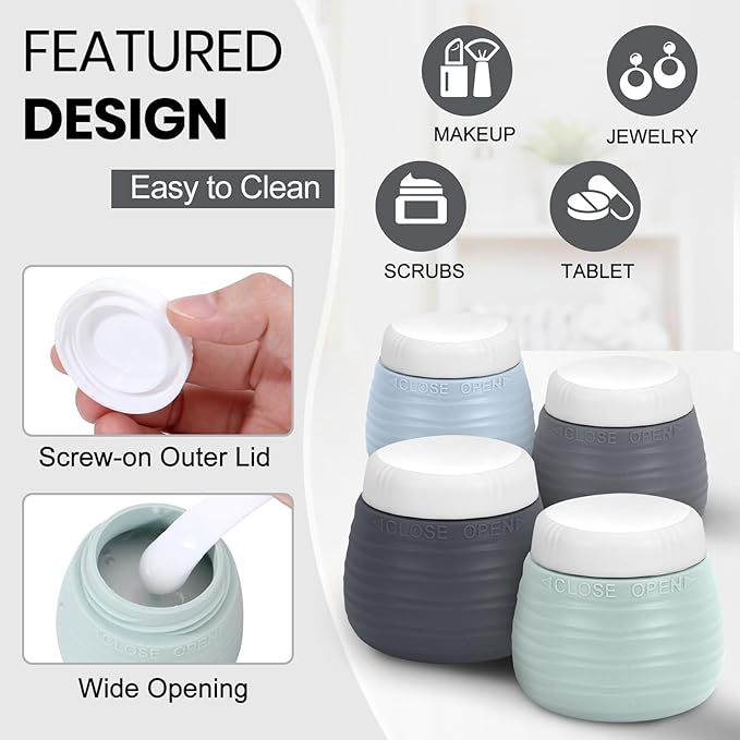 Travel Bottles for Toiletries 8 Pack, TSA Approved Travel Size Toiletries Containers Set, 4 Silicone Leak Proof Refillable Bottles and 4 Creams Jars Accessories Kit W/Clear Bag (GRAY)