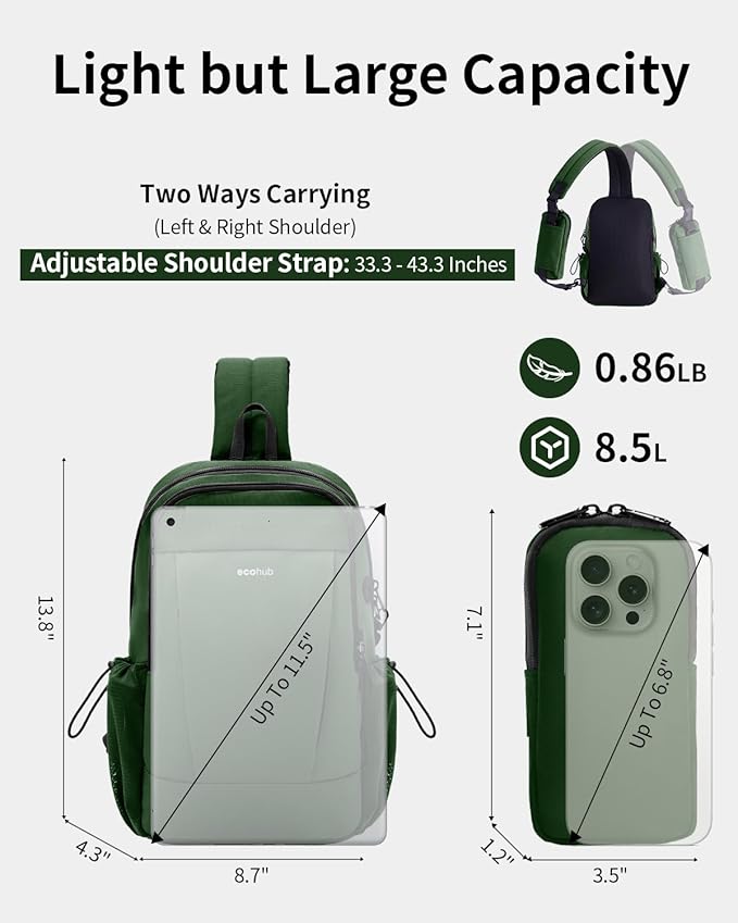 ECOHUB Anti-Theft Crossbody Bag Men Women, RFID Blocking Lightweight Sling Backpack Eco-Friendly with 9 Pockets Sturdy SBS Zippers Water Resistant for Travel Work Hiking Outdoor, Army Green