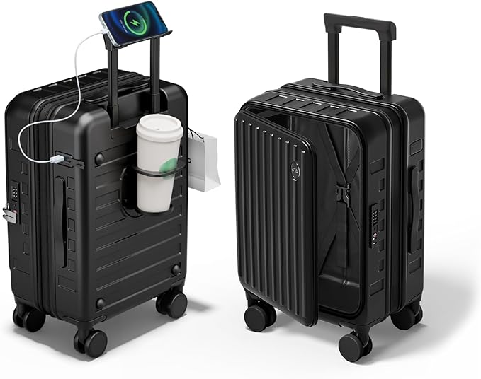 Expandable Lightweight PC Hard Shell Suitcase, 24-inch Luggage with TSA Lock, Top Opening & Cup Holder - Ideal for Business Travel Suitcase (Black, Checked-Medium 24-Inch)