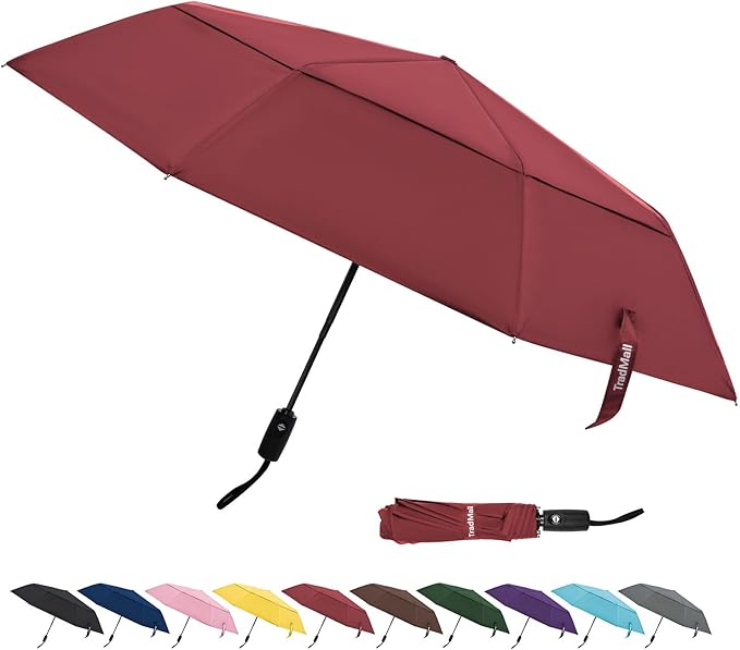 TradMall Travel Umbrella, 42/45 Inches Double Vented Canopy Windproof Automatic Strong Compact Folding Umbrellas for Rain Women and Men