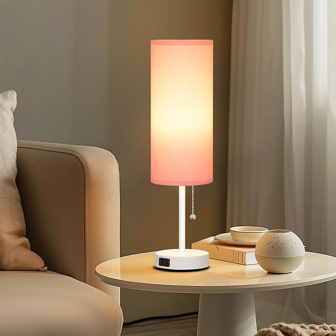 Dott Arts 18" Table Lamp for Bedroom, 3-Color Bedside Lamps with Pull Chain | Bedroom Table Lamps for Nightstand,AC Outlet Small Lamp for Living Room, Bulb Included Pink