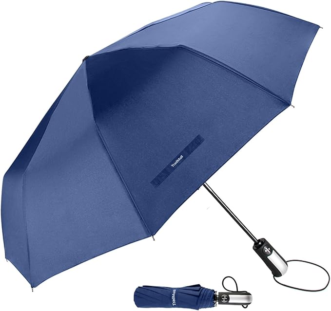 TradMall Travel Umbrella Windproof with 46 Inches Large Canopy 10 Reinforced Fiberglass Ribs Ergonomic Handle Auto Open & Close, Navy Blue